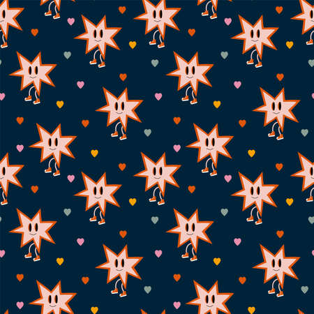 Abstract retro pattern with cartoon stars. Background with cartoon characters stickers in retro style. Vector background for textiles. Vector illustrationのイラスト素材
