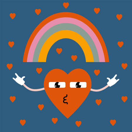 Abstract retro illustration with cartoon heart. A postcard in retro character doodle style. Vector poster for the day of love. Vector illustrationのイラスト素材