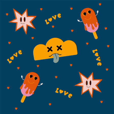 Abstract retro background with cartoon stickers. A postcard in retro character doodle style. Vector substrate for textiles. Vector illustrationのイラスト素材