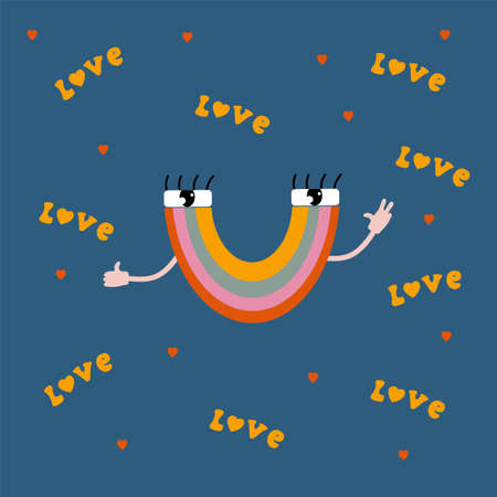 A postcard with a retro cartoon character. Illustration of Abstract retro elements. Rainbow, Eyes, cute poster of the 70s. Vector illustrationのイラスト素材