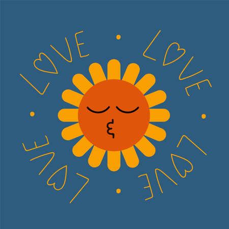 Retro cartoon greeting card. Abstract retro sticker. Flower doodle with the inscription Love of the 70s. Vector illustrationのイラスト素材