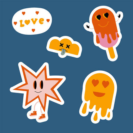 A set of retro cartoon stickers. Abstract retro lettering Love, cloud, smiley face, ice cream on a stick sticker Doodle. Vector illustrationのイラスト素材