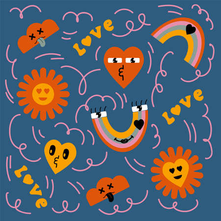 Abstract background of cartoon retro doodle stickers. Illustration of cute characters for a postcard. Illustration of smiley stickers, flower, lips with tongue. Vector illustrationのイラスト素材