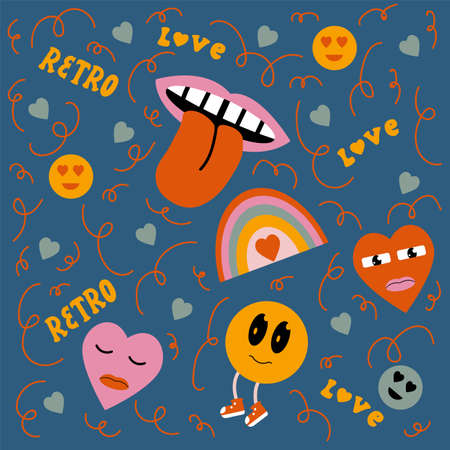 Retro cartoon doodle character background. Pattern abstract stickers of the 70s. Retro greeting card with emoticons and hearts. Vector illustrationのイラスト素材