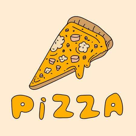 Pizza maker. The inscription with a slice of pizza and cheese. A poster with doodles of pizza ingredients in color and the word Pizza. An emblem for a pizzeria. Vector illustrationのイラスト素材