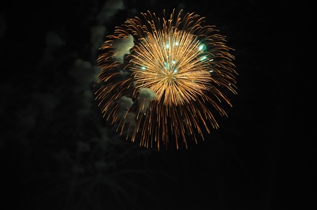 Celebration with fire works on the night sky