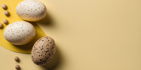 Easter eggs on a beige background with copy space. Minimal easter concept. Generative AI.の素材