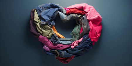 Heap of colorful clothes on dark background, top view, copy spaceの素材