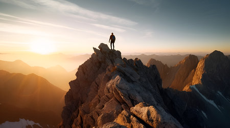Man on top of a mountain at sunset. Active life concept.の素材