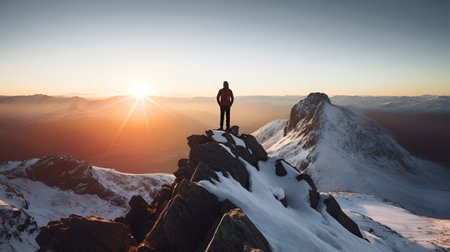 Silhouette of a man standing on top of a mountain and looking at the sunset. Active life concept.の素材
