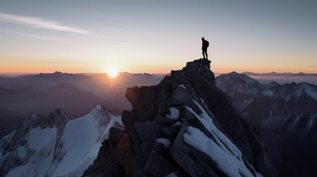 Silhouette of a man on top of a mountain at sunset. Active life concept.の素材