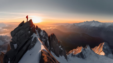 Man on top of a mountain at sunset. Panoramic view. Active life concept.の素材
