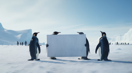Cute penguins holding a plain white blank sign with space for your text.の素材