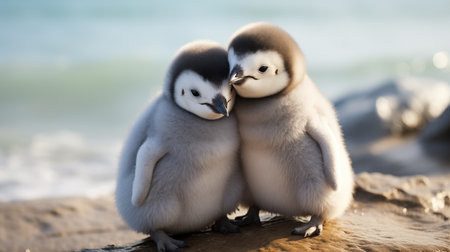 Cute penguins on a beach in front of the ocean.の素材