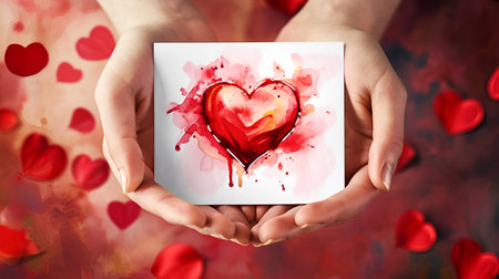Two hands holding a card with a red heart on the background of heartsの素材