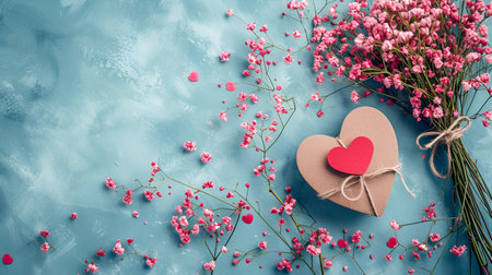 Valentine's day background with hearts and flowers on blue backgroundの素材