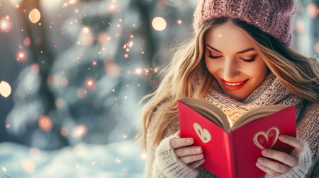 Beautiful young woman is reading a book and smiling.の素材