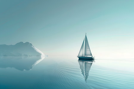 Sailing boat on the sea with mountains in the background.の素材