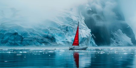 Sailboat with red sails floating on the water with icebergs in the background. A lonely sailing boat floating in the ocean.の素材