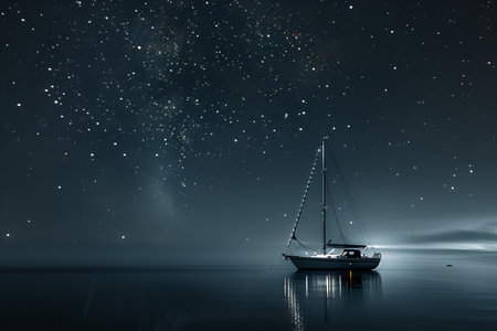 Sailboat in the sea at night with starry sky.の素材