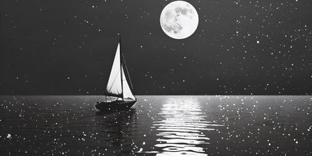 Sailing boat in the sea at full moon nightの素材