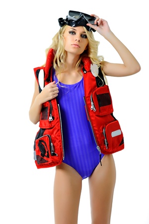 girl in a fishing outfit on white backgroundの写真素材