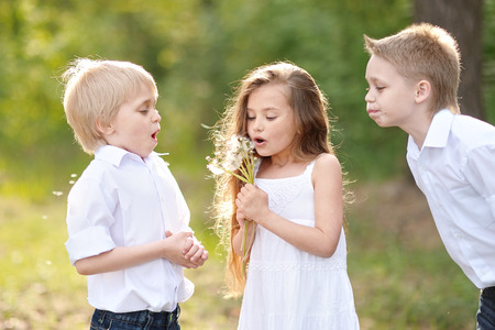 three children playing on meadow in summerの写真素材