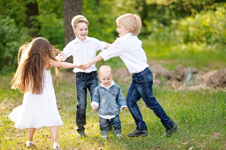 Portrait of young children on a camping holidayの写真素材
