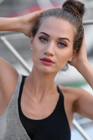 portrait of a beautiful sexy woman on the beach in summerの写真素材