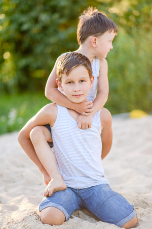 Portrait of two boys in the summer outdoorsの写真素材