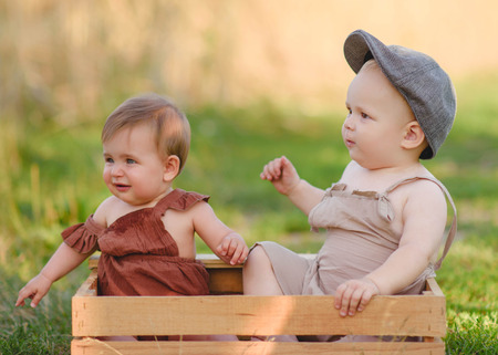 Portrait of a boy and girl  in summerの写真素材