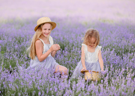 portrait of two sisters in a lavender fieldの写真素材