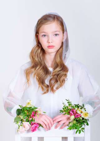 portrait of little model girl in studioの写真素材