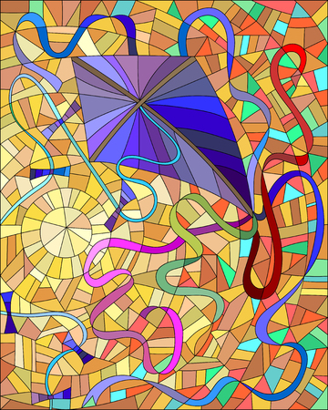 Purple kite with colorful ribbons in the sun and orange sky in the stained glass styleのイラスト素材