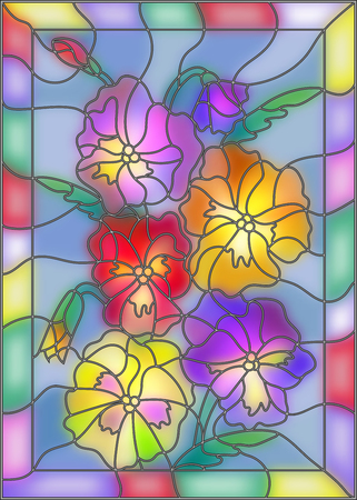 Illustration in stained glass style with flowers, buds and leaves of pansyのイラスト素材