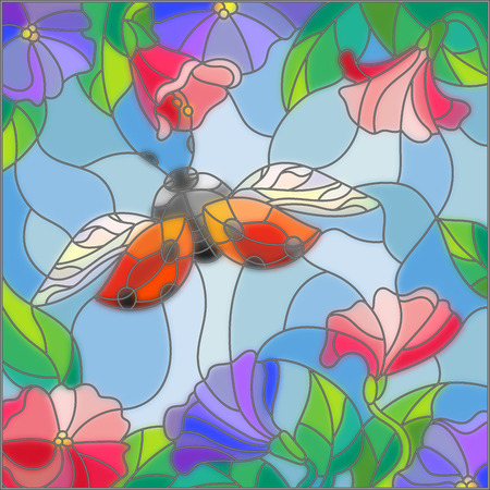 Illustration in stained glass style with bright ladybug against the sky, foliage and flowersのイラスト素材