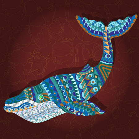 Illustration with abstract whale on a dark floral backgroundのイラスト素材