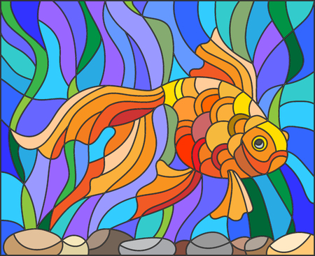 Illustration in stained glass style with gold fish on the background of water and algaeのイラスト素材