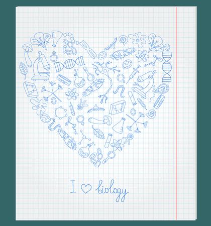 The notebook sheet in a cage with painted icons on the theme of biology in the shape of a heartのイラスト素材