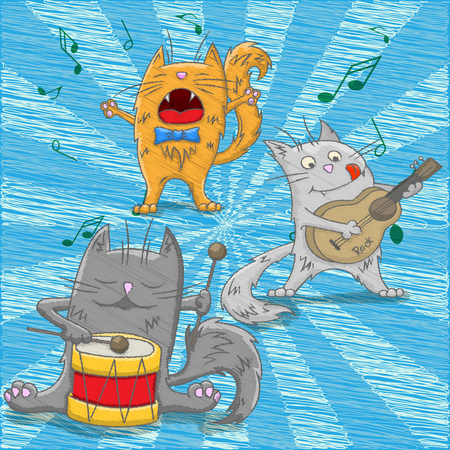 Illustration with cats musicians stylized drawing with colored pencilsのイラスト素材
