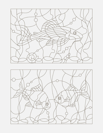 Set contour illustrations of stained glass with aquarium fishのイラスト素材