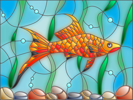 Illustration in stained glass style with swordtail fish on the background of water and algaeのイラスト素材
