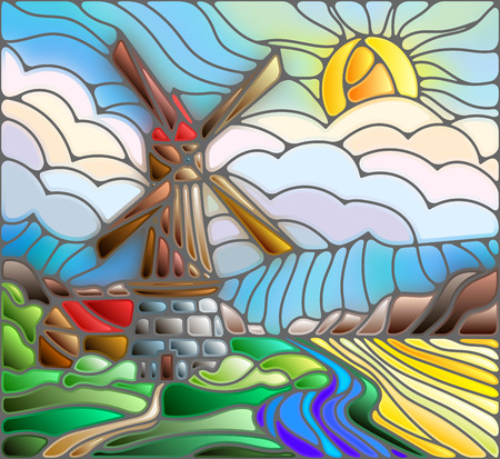 The image in the stained glass style landscape with a  windmill on a background of sky and sunのイラスト素材
