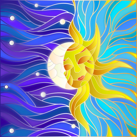 Illustration in stained glass style , abstract sun and moon in the skyのイラスト素材