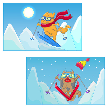Set of illustrations with funny cats-skiers on the background of mountain landscapeのイラスト素材