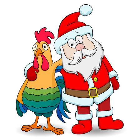Illustration with cartoon rooster and Santa Claus on white background isolateのイラスト素材
