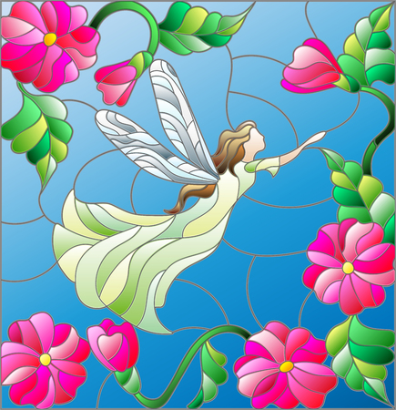 Illustration in stained glass style with a winged fairy in the sky, flowers and greeneryのイラスト素材