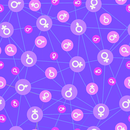 Seamless pattern with female and male characters on a purple backgroundのイラスト素材