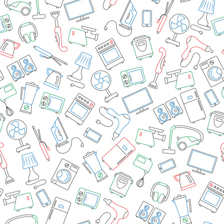 Seamless background with a simple contour icons on the topic of household appliances, a colored markers on white backgroundのイラスト素材