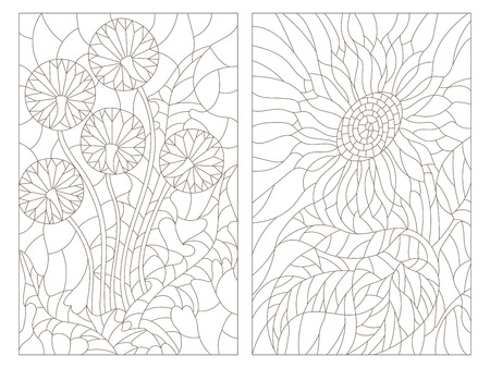 Set contour illustrations in the stained glass style, abstract flowers of blowball and sunflower, dark outline on a white backgroundのイラスト素材